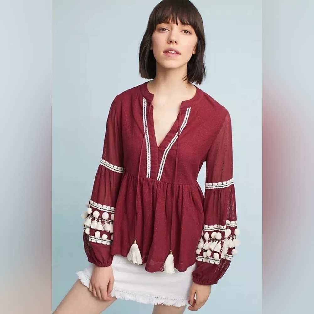 Anthropologie Vineet Bahl Long Sleeve Embellished Sleeve Boho Top Sm